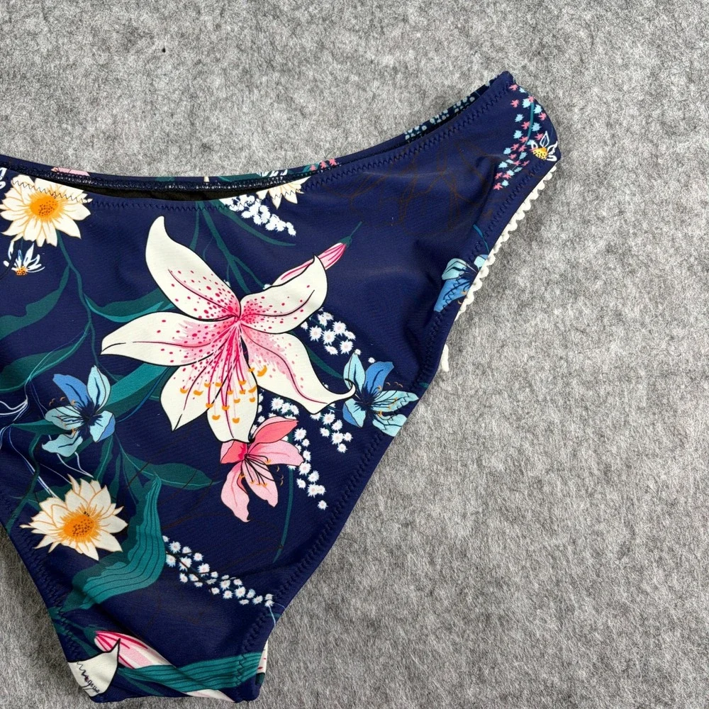 Cupshe Womens Bikini Set Swimsuit 2 pc Navy Pink Floral Sz L Tropical Beach NWT